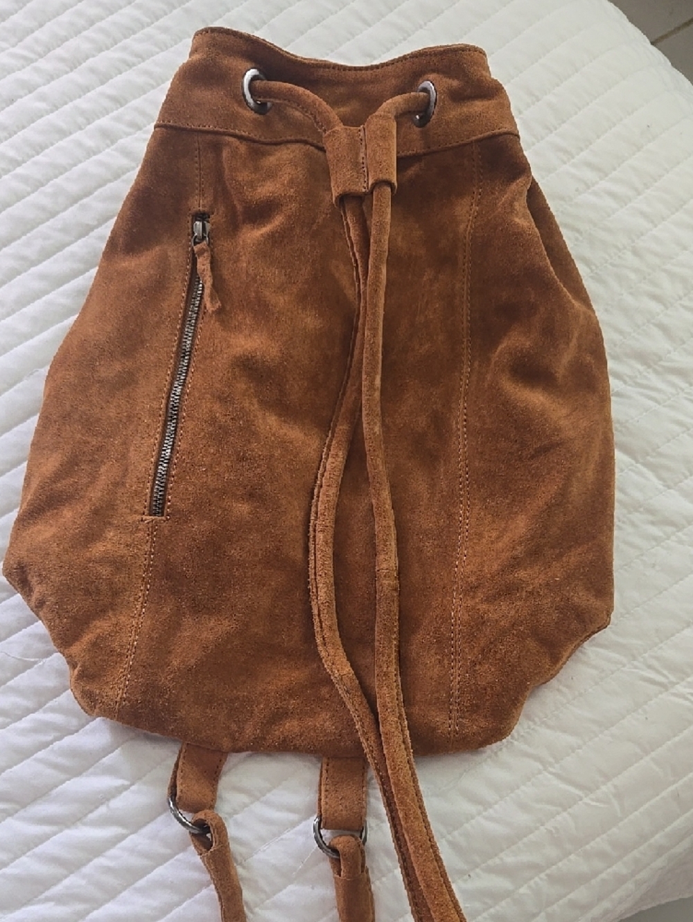 Suede Drawstring Backpack in Warm Chestnut With Side Zipper Inside Zipper NWT - Picture 2 of 5
